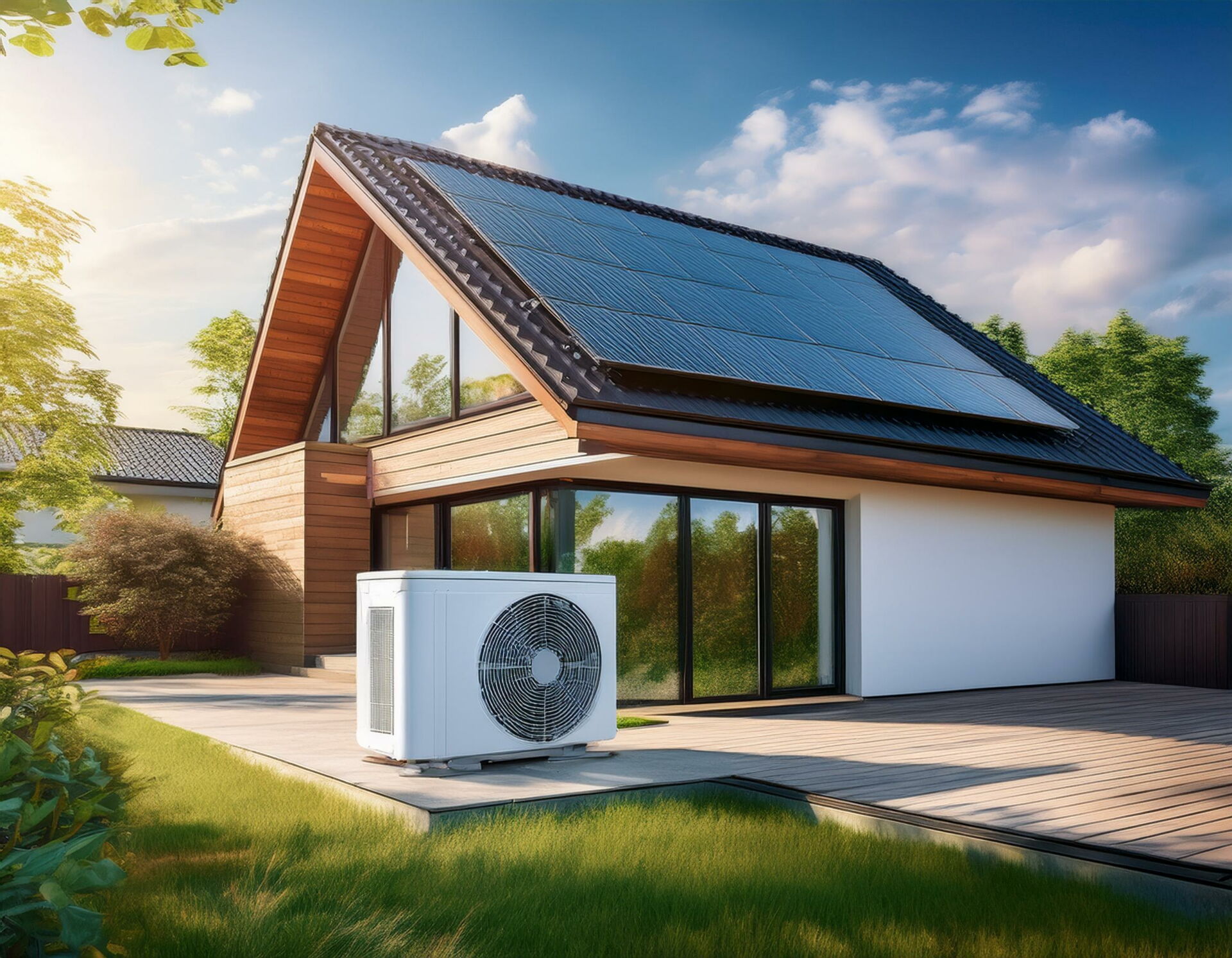 Ein modernes Haus mit Solardach und einer weißen Wärmepumpen-Außeneinheit. Installation durch Elektro Bohr in Saalfeld.