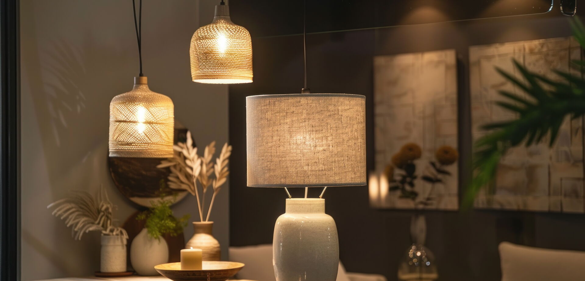 Gemütliche Wohnraumbeleuchtung mit verschiedenen Designlampen über einem Esstisch. Elektro Bohr in Saalfeld.
