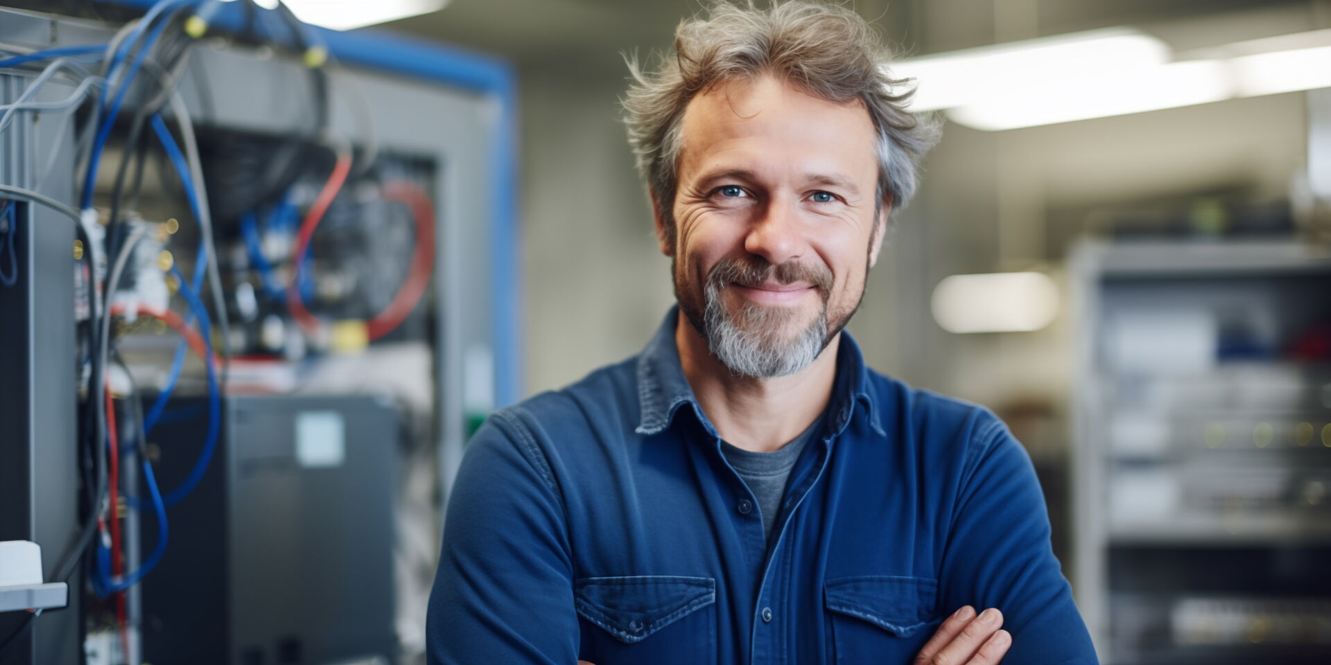 Ein freundlich lächelnder Elektriker mit grau meliertem Haar und Bart vor elektrischen Anlagen. Elektro Bohr Handwerksbetrieb.