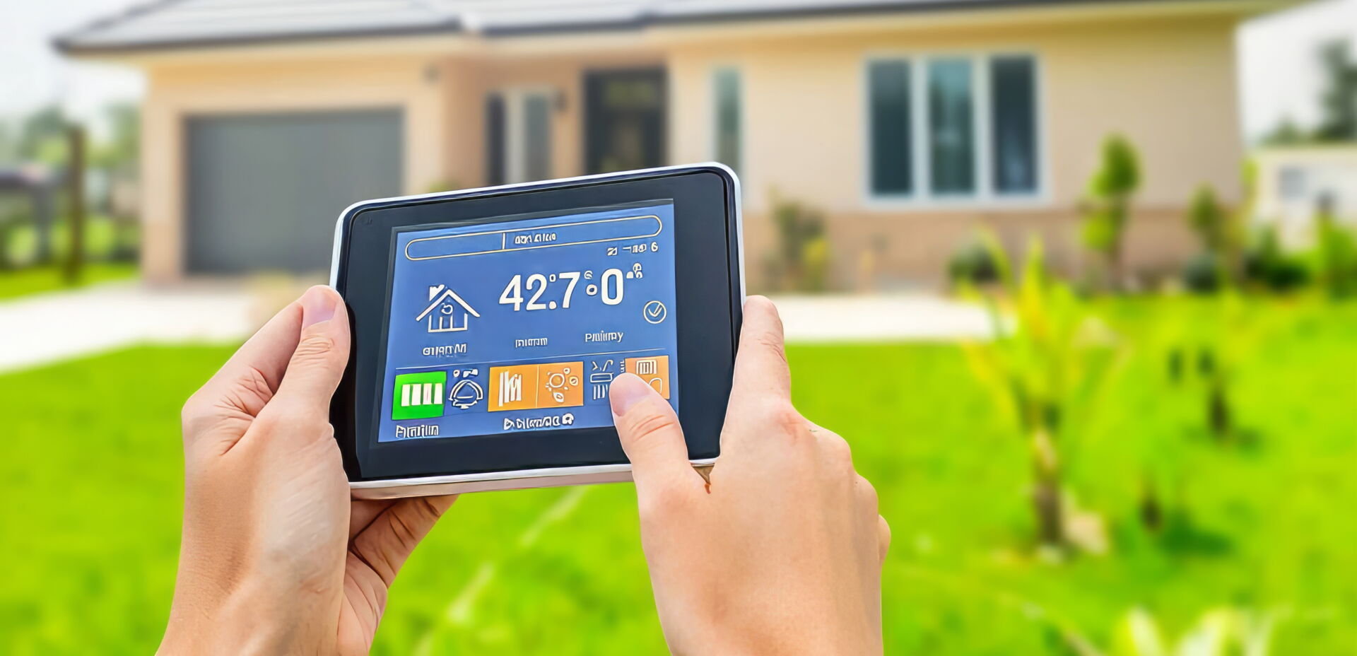 Hände bedienen ein Smart-Home-Steuerungstablet vor einem Haus. Elektro Bohr - Ihr Handwerksbetrieb in Saalfeld.